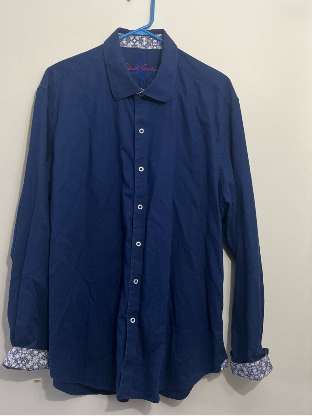 Robert Graham Navy Blue Button-Down Shirt with Printed Cuffs Size 2XL